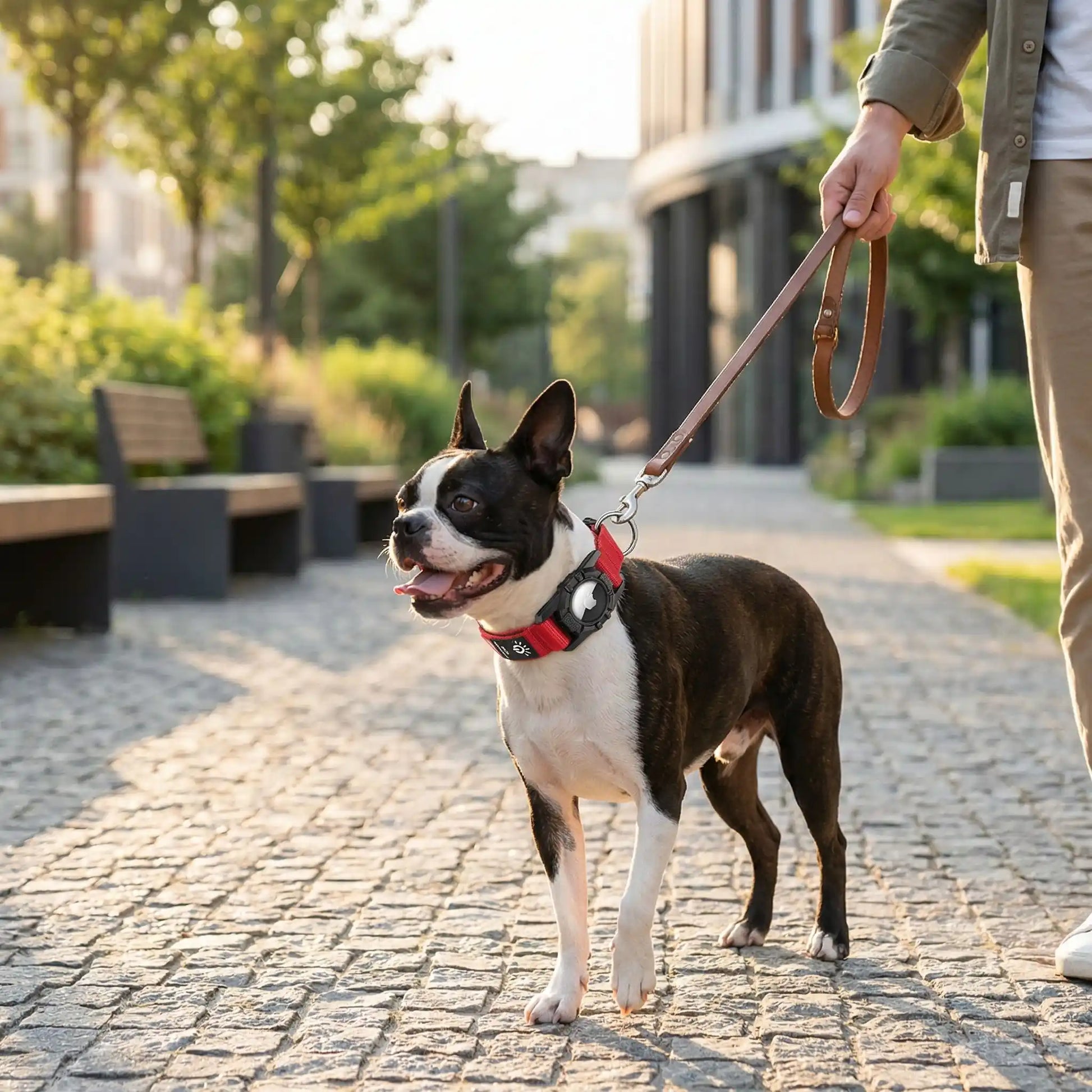Un Boston terrier en laisse avec son maître porte les colliers lumineux pour chiens LumiPet rouge.