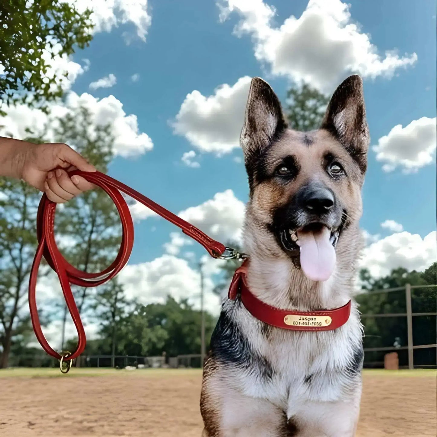 Un berger allemand avec les colliers pour chiens personnalisés et la laisse assortie dans un parc.
