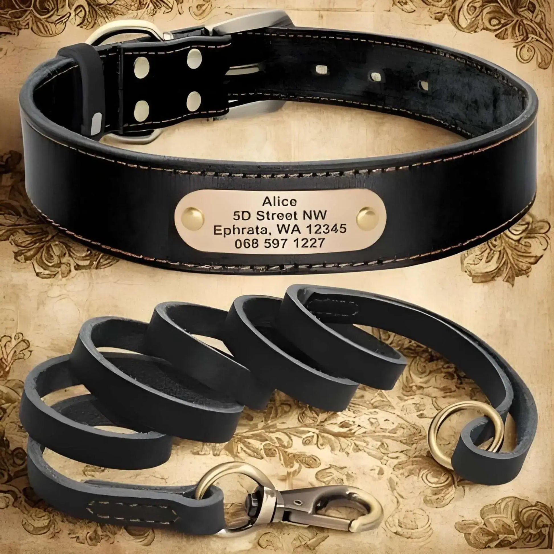 Colliers pour chiens personnalisés et une laisse assortie noire.