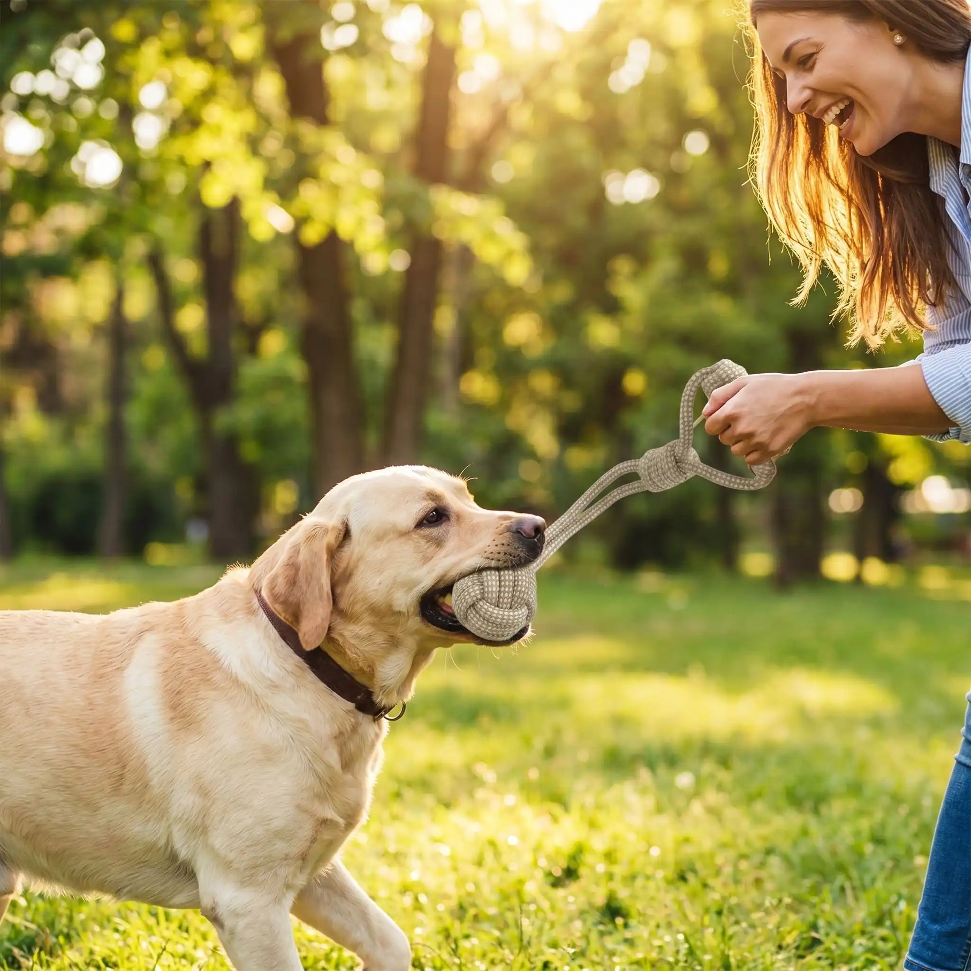 Une femme avec son labrador joue à tirer la corde pour chien jouet.