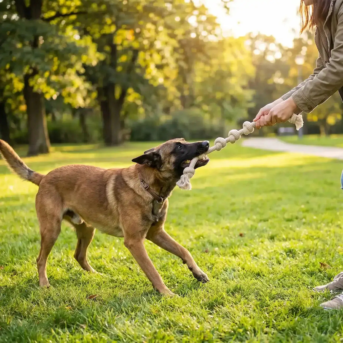 Une femme avec son malinois joue à tire à la corde pour chien, jouet, dans un parc.