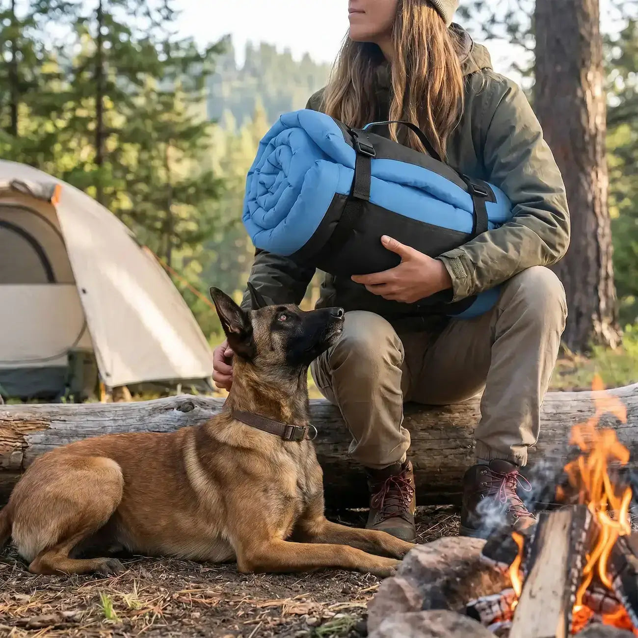 Une femme en camping près du feu tient le couchage pour chien avec son malinois à ses pieds.