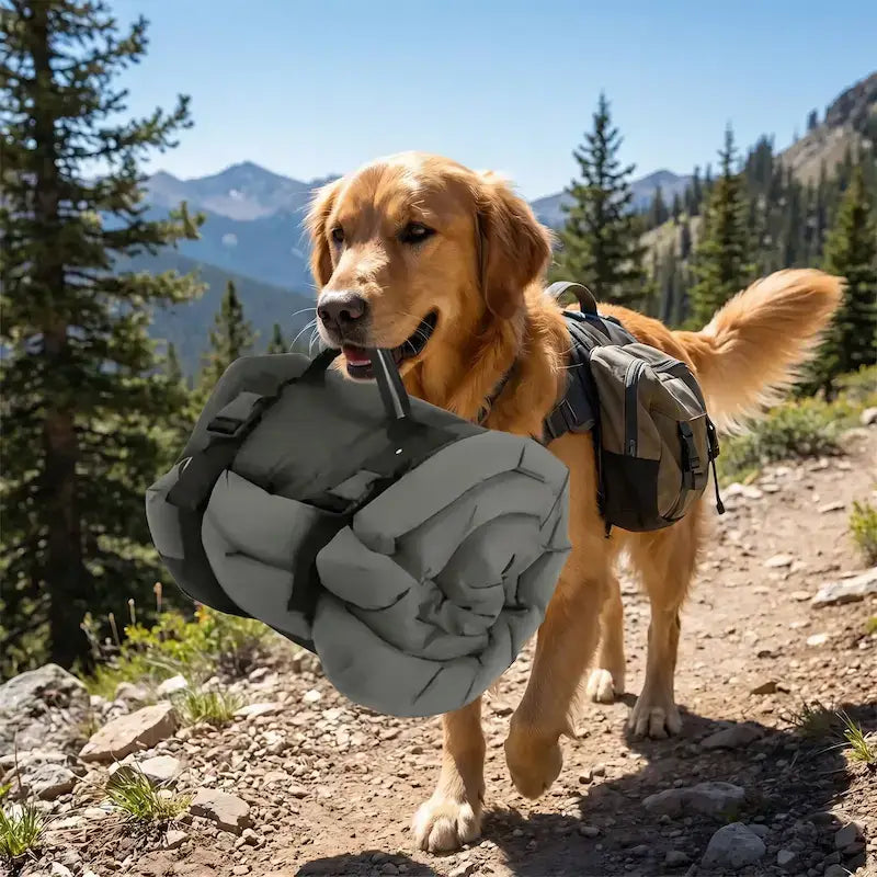 Un golden retriever en aventure dans les montagnes transporte son couchage pour chien.
