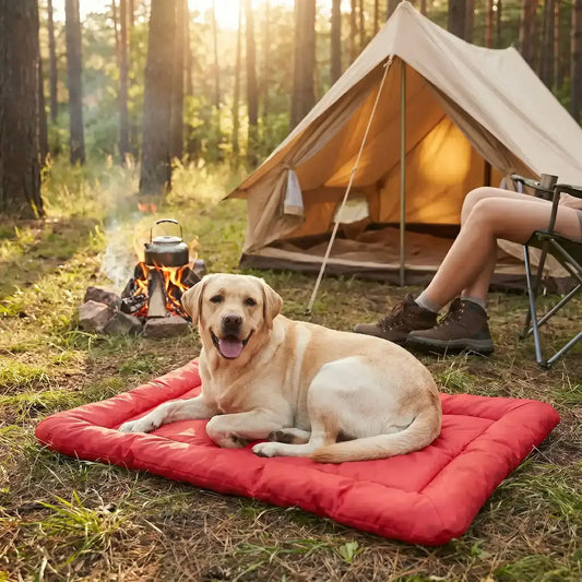 Un labrador en camping est allongé au sol sur son couchage pour chien rouge.