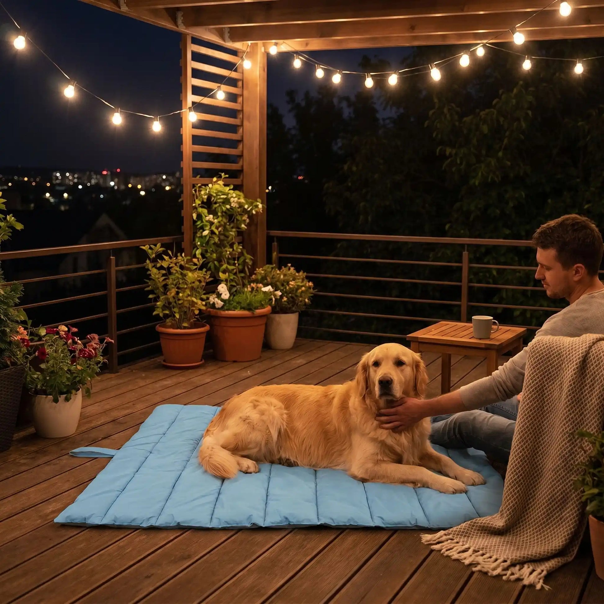 Un homme sur une terrasse caresse son golden retriever allongé sur un couchage pour chien la nuit.