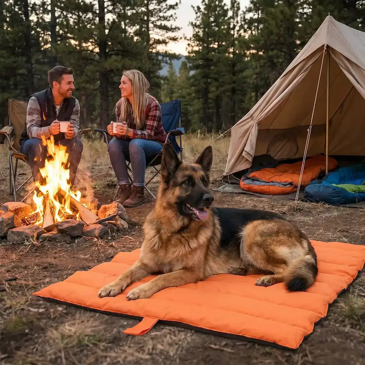 Un couple en camping près du feu avec leur berger allemand allongé sur un couchage pour chien.