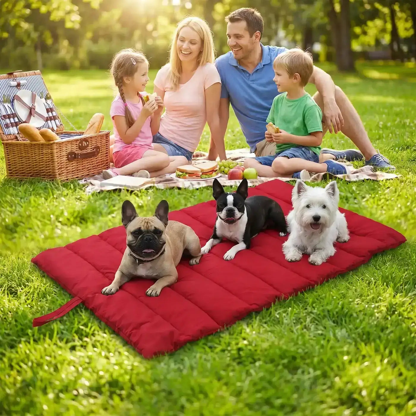 Une famille en pique-nique avec leurs trois petits chiens allongés sur le couchage pour chien rouge.