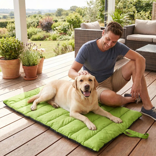 Un homme sur un balcon caresse son labrador allongé sur un couchage pour chien.