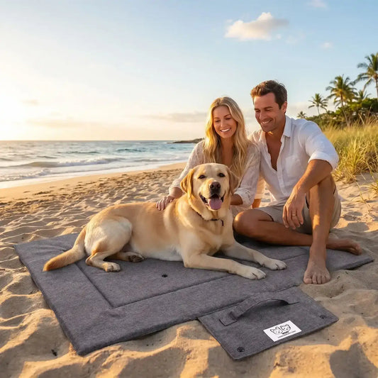 Un couple sur la plage avec leur labrador allongé sur les couchages pour chiens CampRepos.