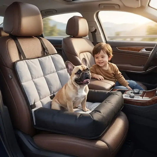Un garçon avec un bouledogue français assis sur son coussin pour chien de voiture noir.