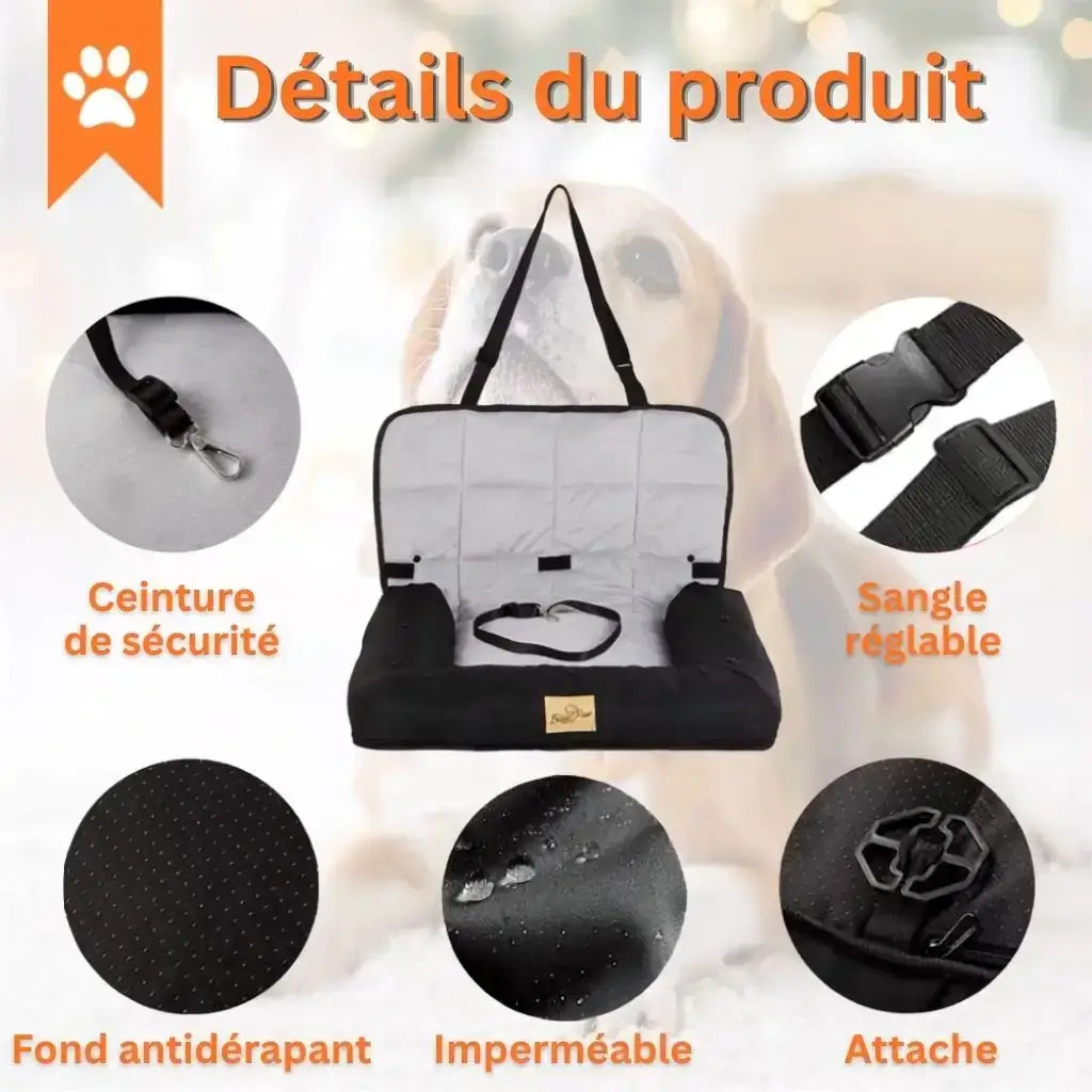 Détails du coussin pour chien de voiture : ceinture de sécurité, sangle reglable, fond antiderapant.