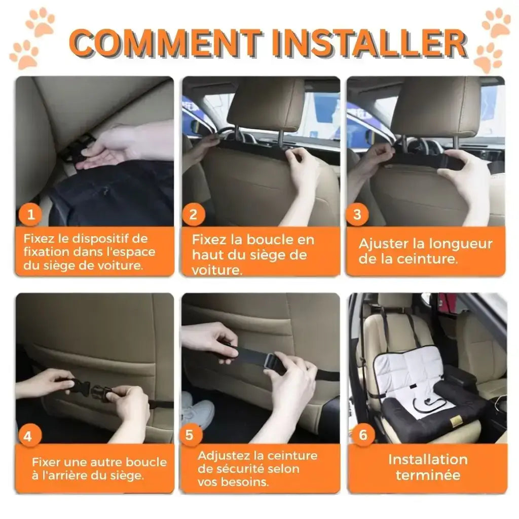 Instruction visuelle de comment installer le coussin pour chien de voiture.