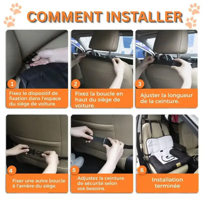 Instruction visuelle de comment installer le coussin pour chien de voiture.