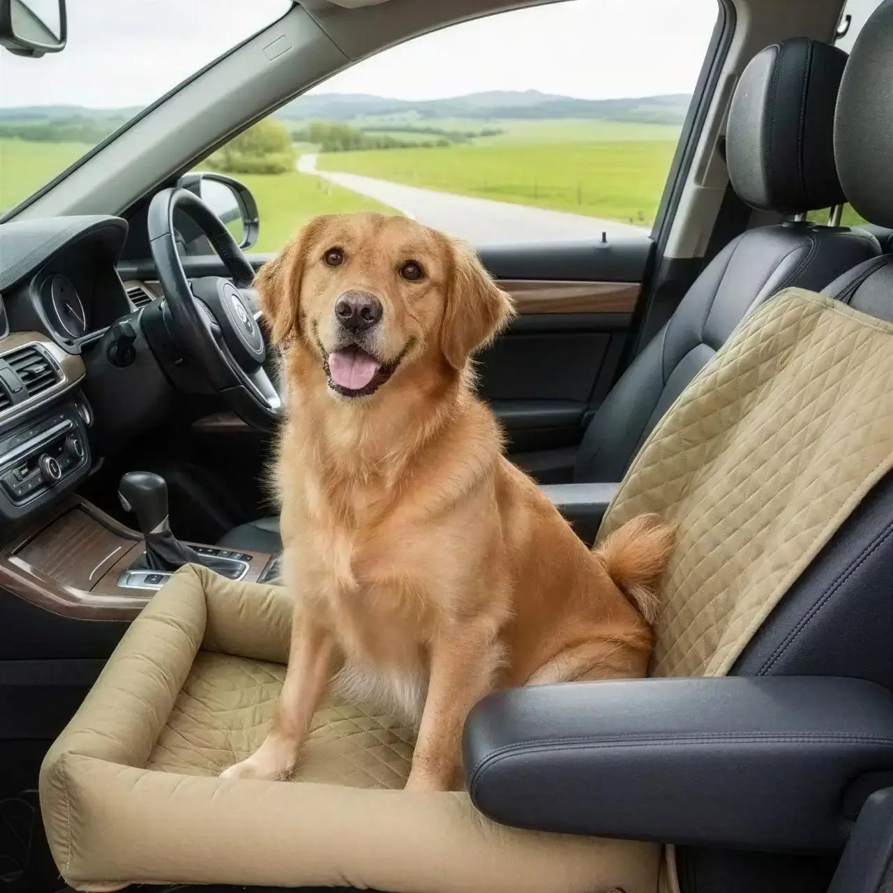 Un golden retriever assis sur son coussin pour chien de voiture beige.