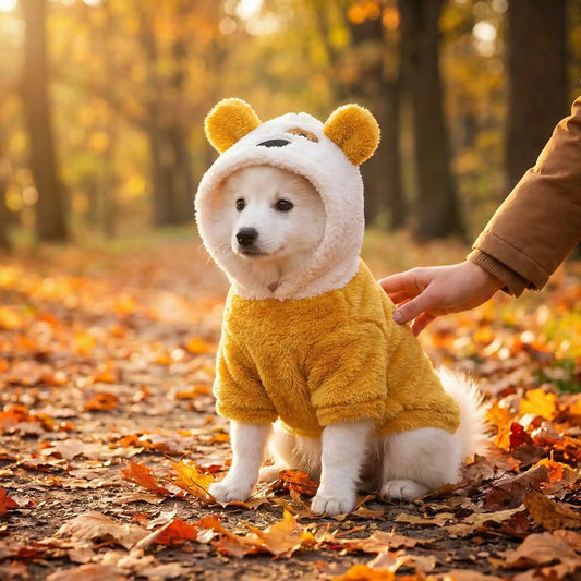 Un chiot spitz japonais porte un déguisement pour chien PatCostume d'ourson assis dans les feuilles.