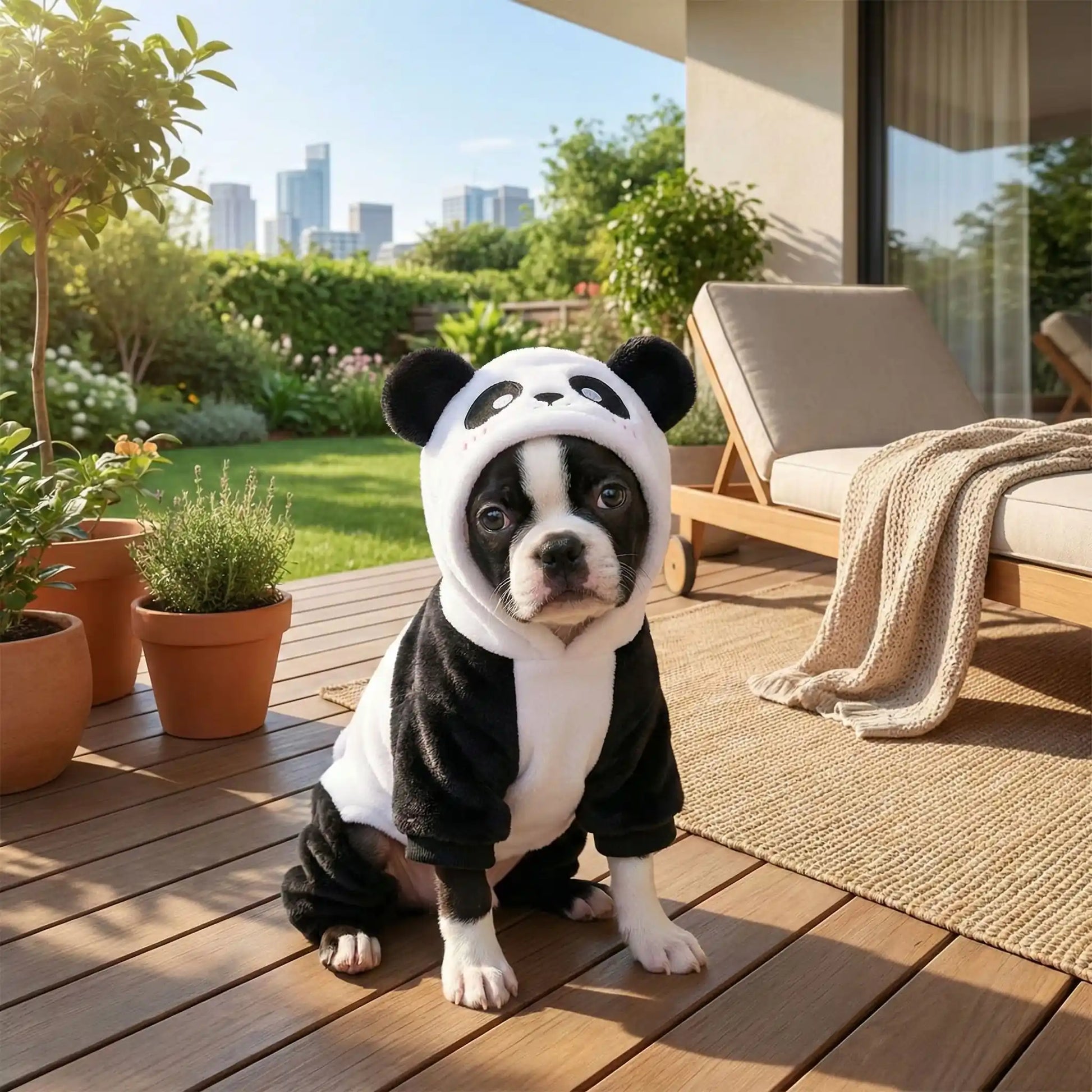 Un Boston terrier assis sur une terrasse porte un déguisement pour chien design panda.