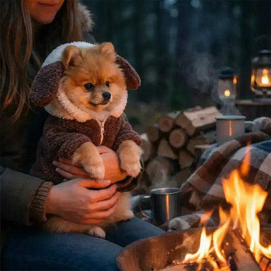 Un poméranien assis sur les genoux de sa maitresse près d'un feu au camping porte un déguisement pour chien au design pitou.