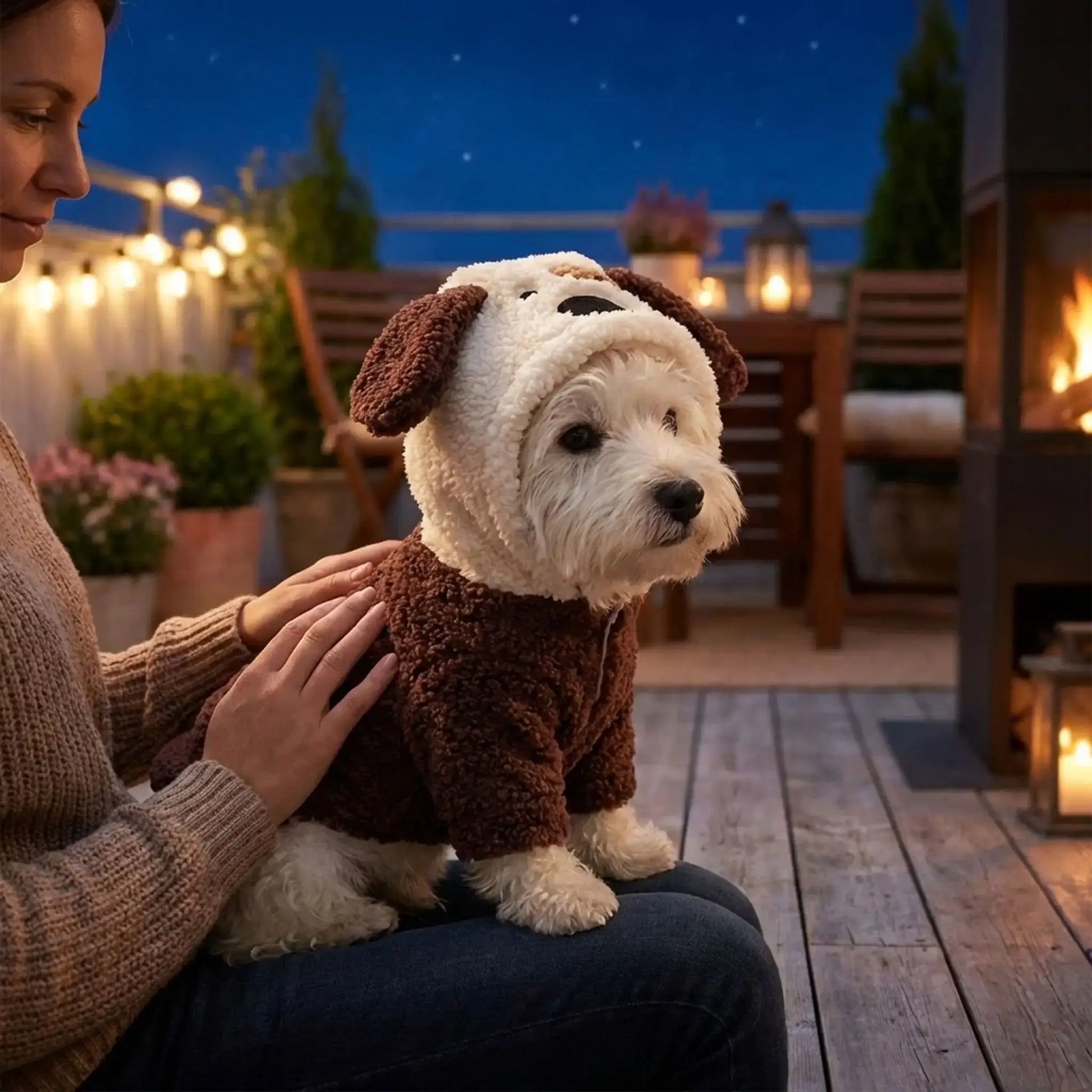 Un west highland assis sur les genoux de sa maitresse sur une terrasse porte un déguisement pour chien design Pitou.