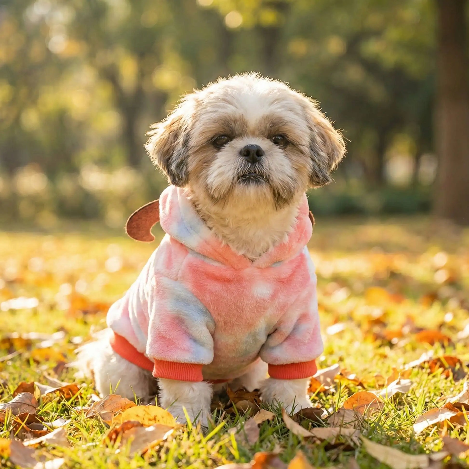 Un shih tzu assis sur la pelouse porte un déguisement pour chien desing demon.