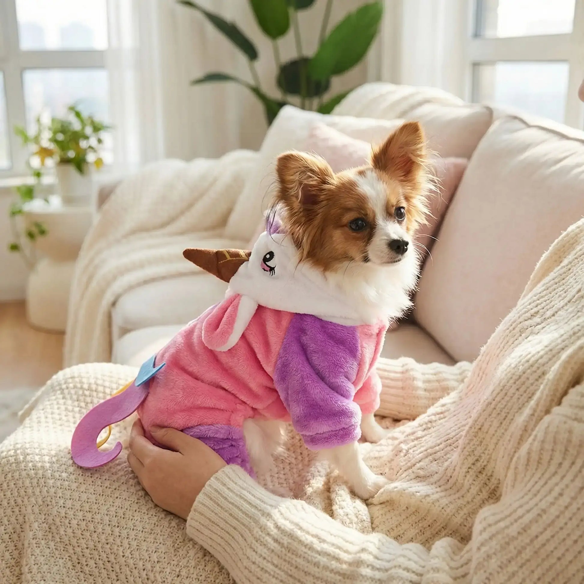 Un chihuahua papillon sur les genoux de sa maitresse avec son déguisement pour chien design licorne rose.