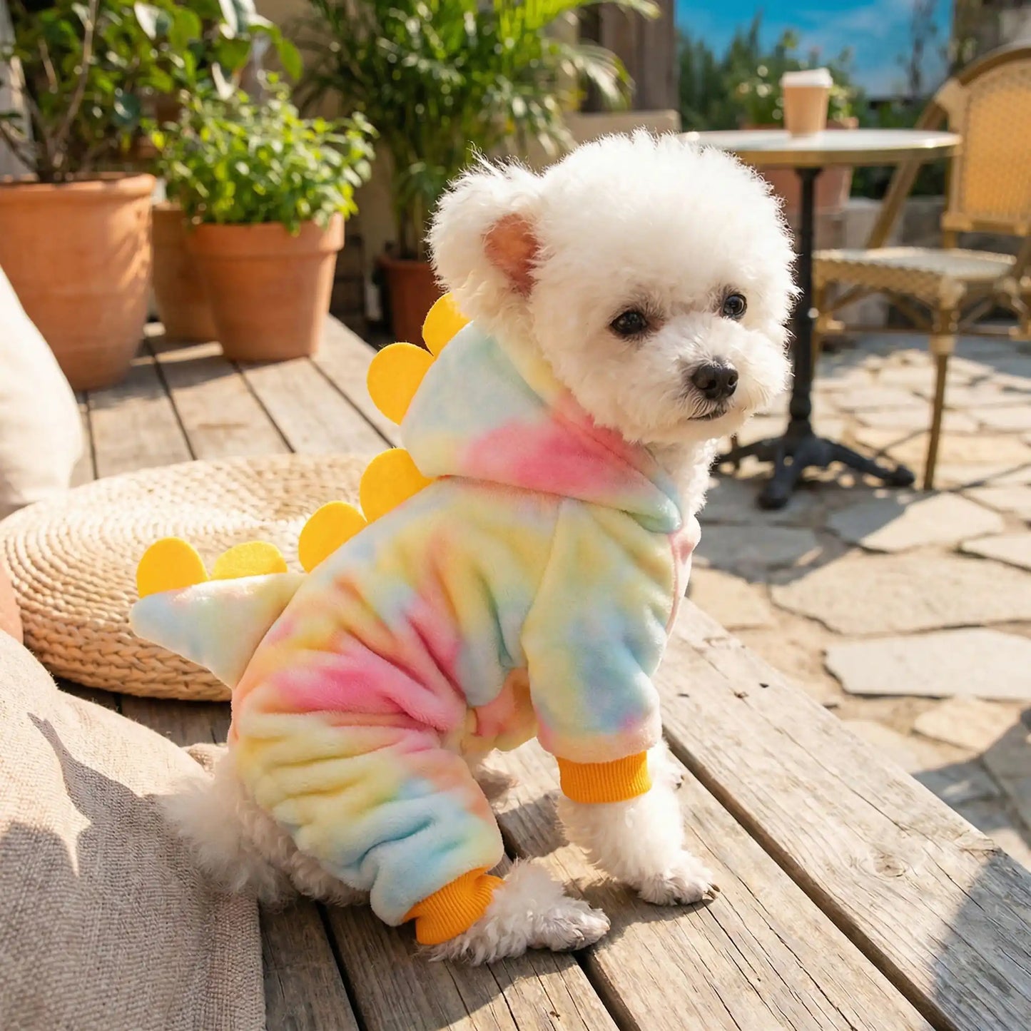 Un bichon frisé sur une terrasse avec son déguisement pour chien design dragon multicolore.