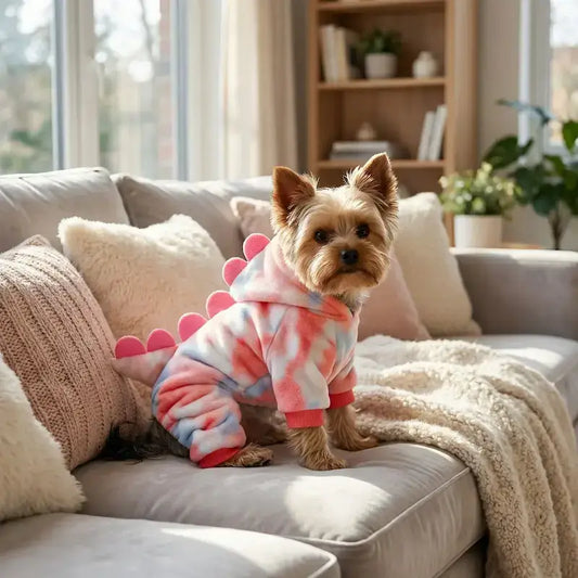 Un Yorkshire assis sur un canapé avec son déguisement pour chien design dragon rose.