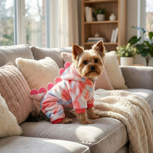 Un Yorkshire assis sur un sofa avec son déguisement pour chien design dragon rose.