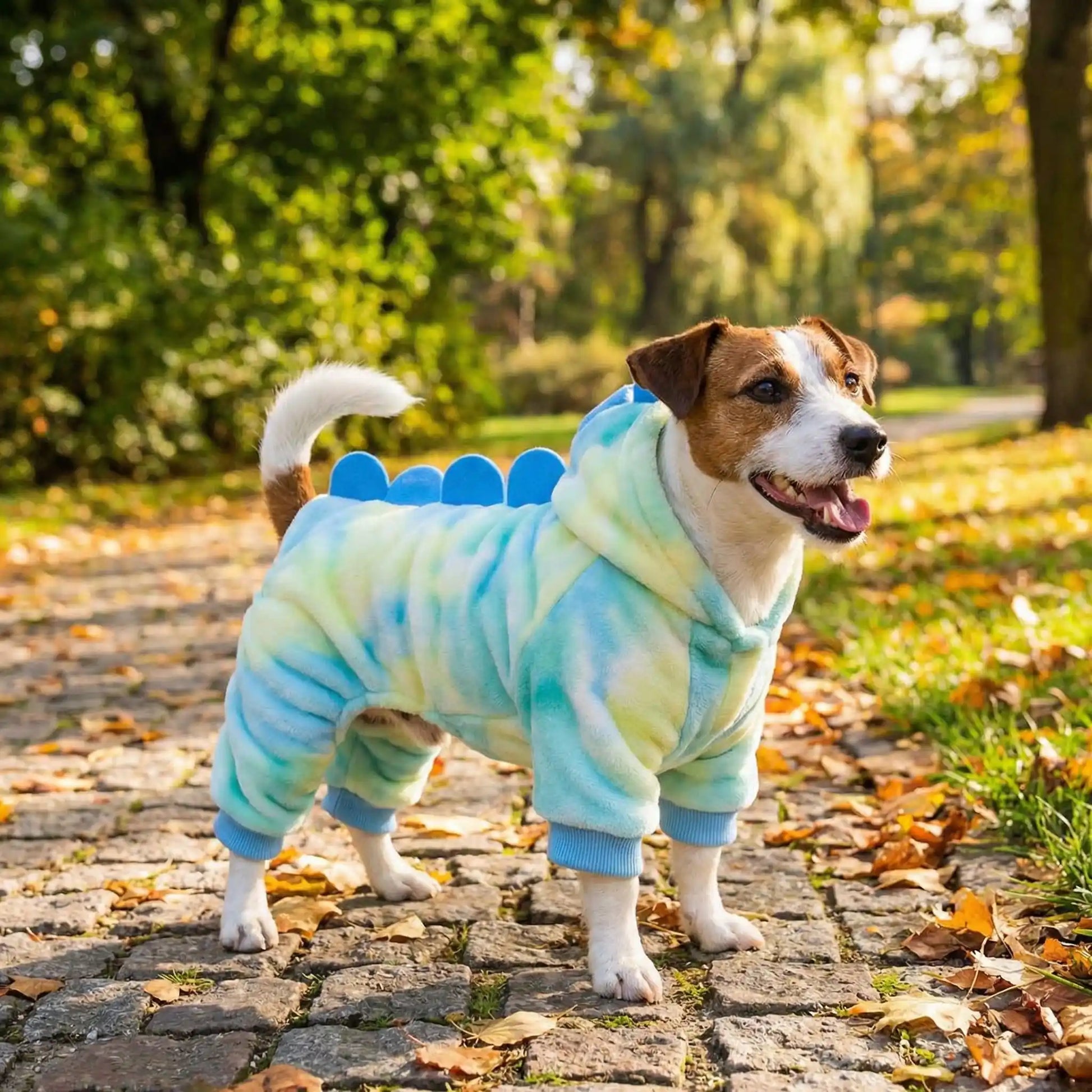 Un jack russell sur un trottoir avec son déguisement pour chien design dragon bleu