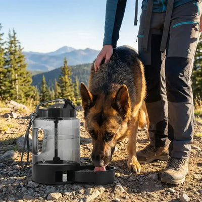 Un homme avec son berger allemand en randonnée bois dans le distributeur d'eau pour chien.