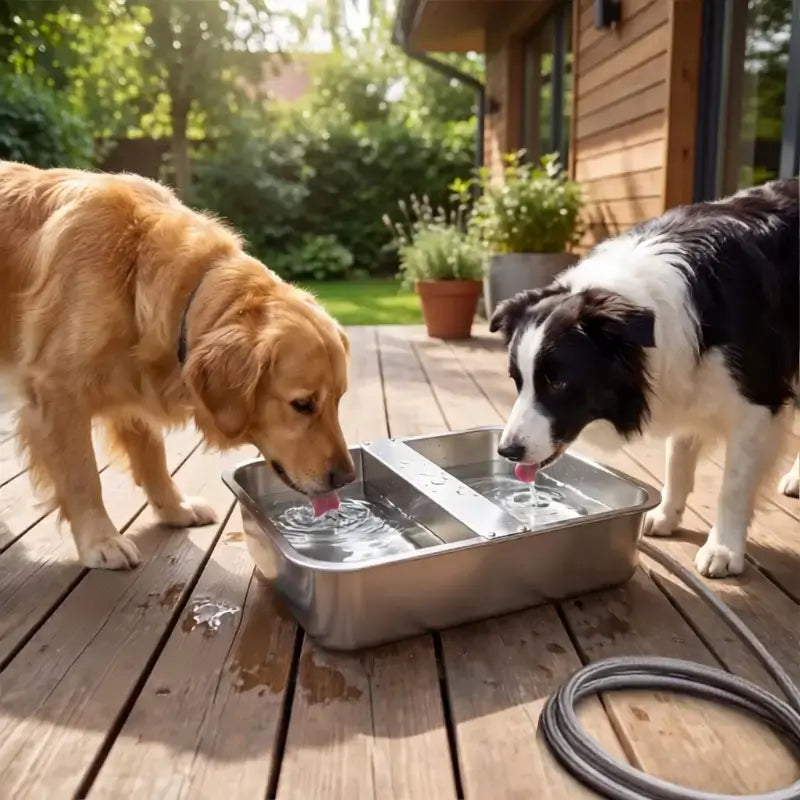 Un golden retriever et un border collie boivent dans le distributeur d'eau pour chien de grande capacité.