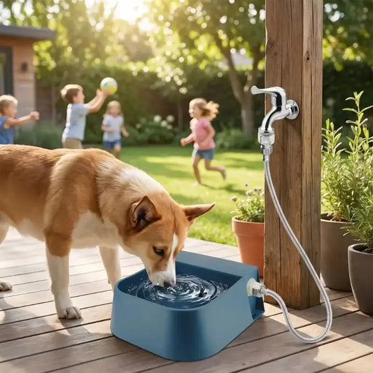 Un chien boit de l'eau dans le distributeur d'eau pour chien sur un balcon.