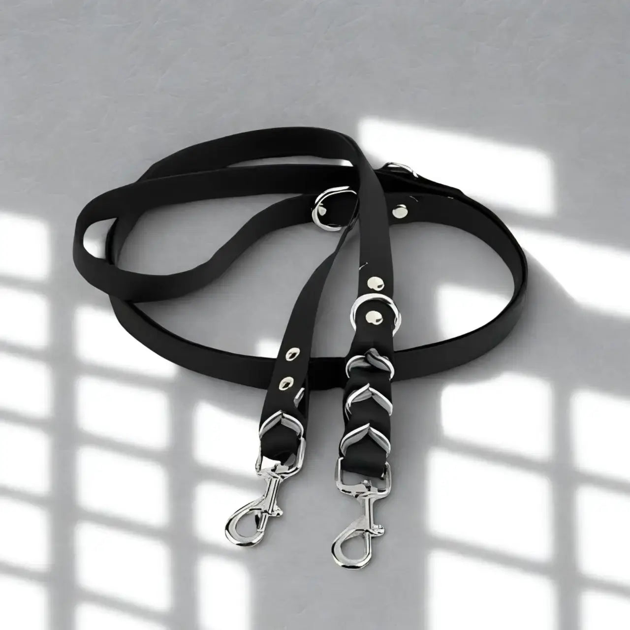 Une double laisse pour chien de couleur noire en PVC.