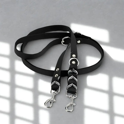 Une double laisse pour chien de couleur noire en PVC.