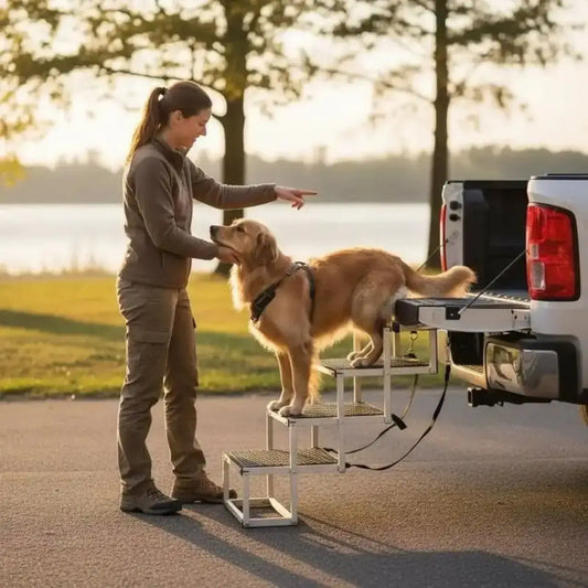 Une femme avec son golden retriever qui descend du camion avec l'escalier pour chien de voiture de quatre marches.