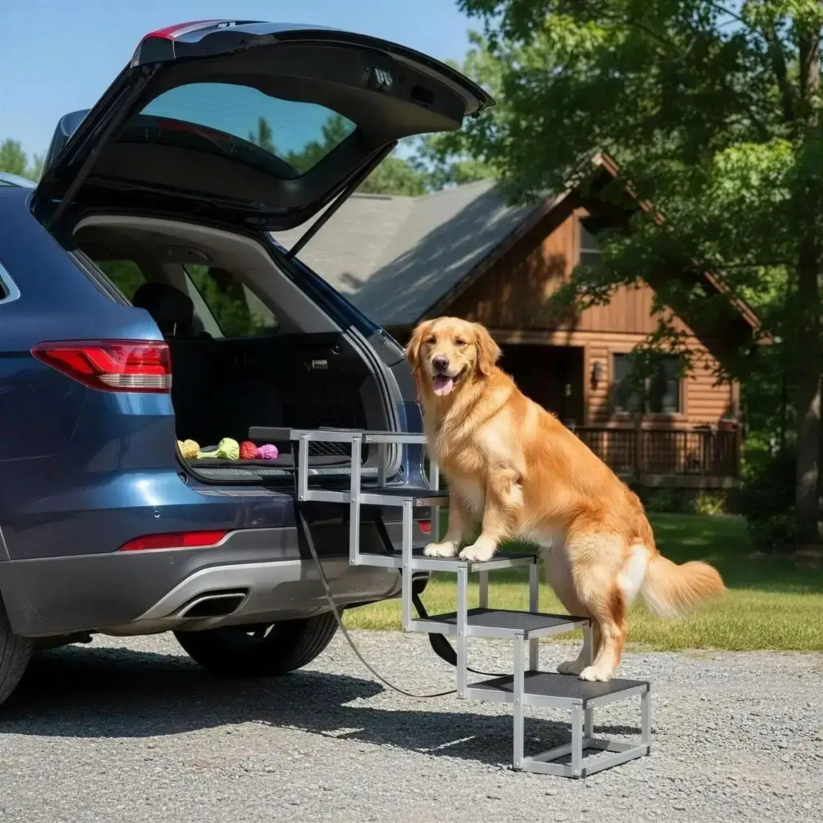 Un golden retriever monte dans le suv grace a l'escalier pour chien de voiture à cinq marches.