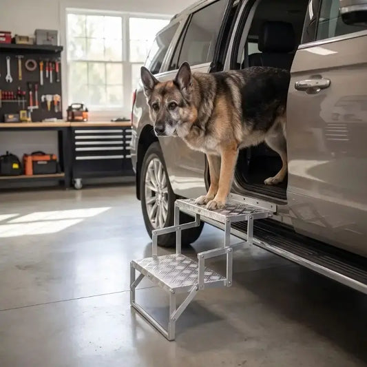 Un vieux berger allemand descend des escaliers pour chien à deux marches par la porte de côté du véhicule.