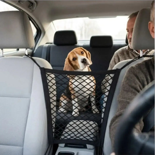 Un beagle assis sur le siège arrière regarde son maître grâce au filet pour chien pour voiture.