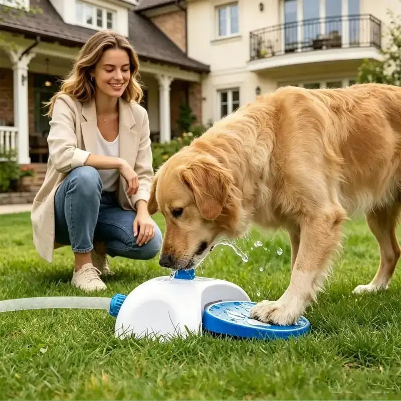 Une femme devant la maison avec son golden retriever qui boit de l'eau à même la fontaine.