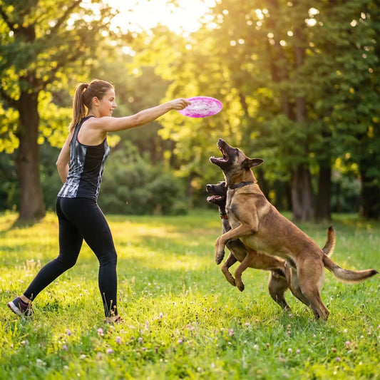 Une femme avec ses deux malinois joue avec un frisbee pour chien au parc.