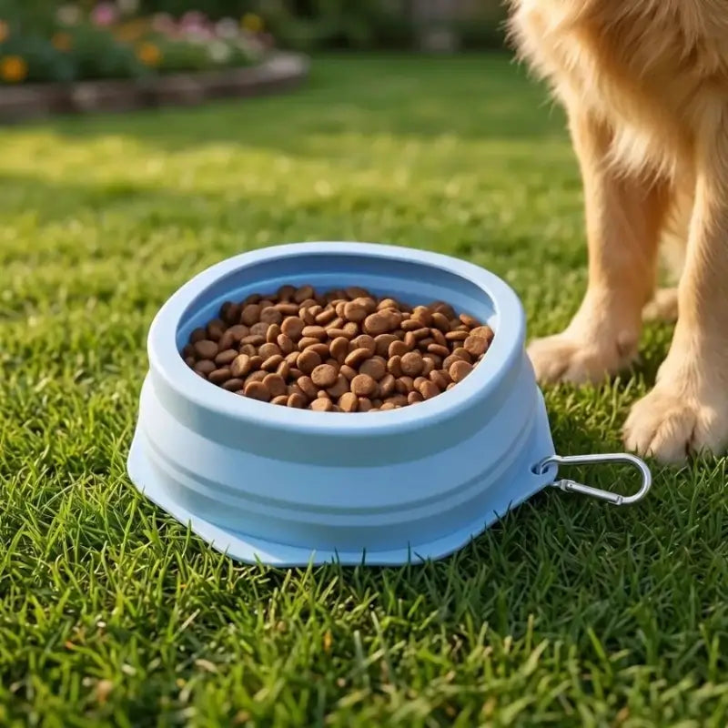 Une gamelle pour chien bleue sur une pelouse.