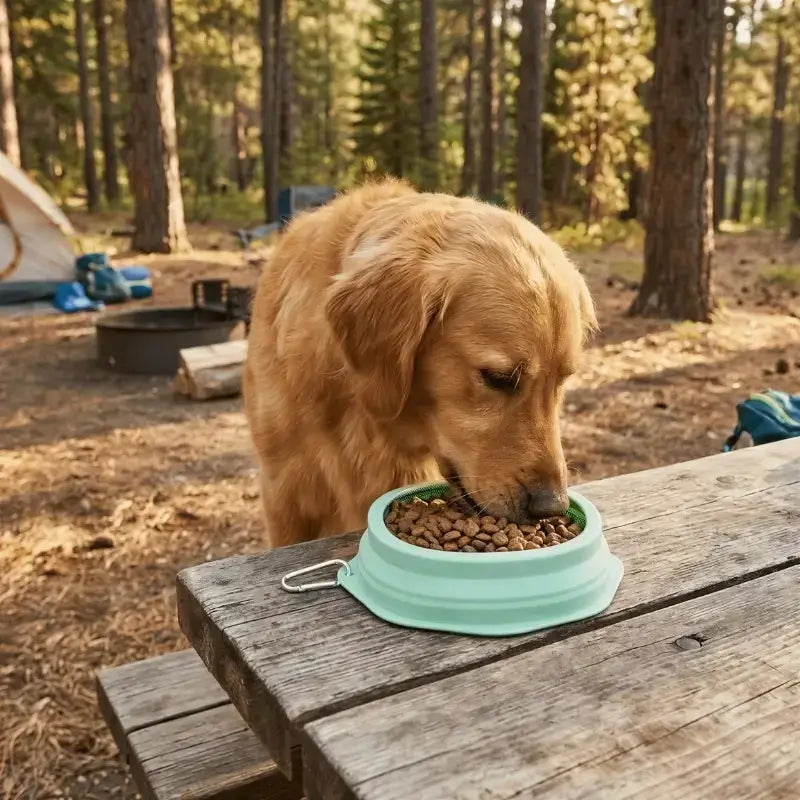 Un golden retriever mange dans la gamelle pour chien sur la table en camping.