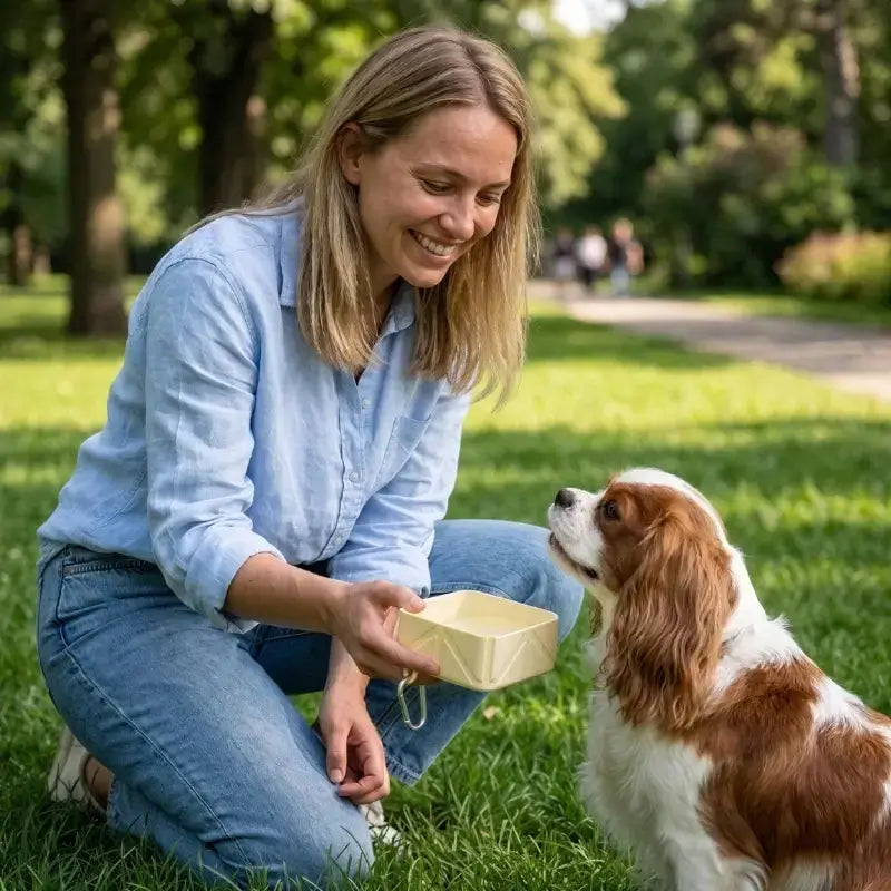Une femme donne à boire à son cavalier King Charles avec la gamelle de chien pliable.