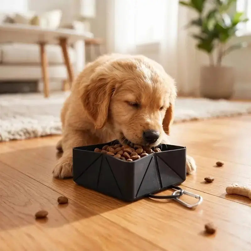 Un chiot golden retriever dans un salon mange dans une gamelle de chien pliable de couleur noire.