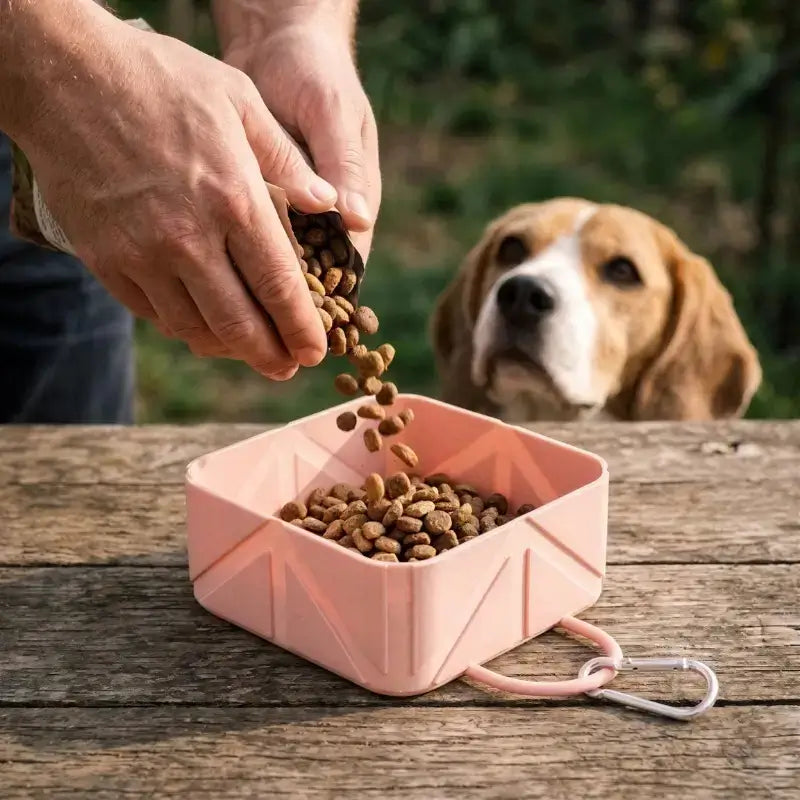 Un individu verse de la nourriture dans une gamelle de chien pliable rose avec son beagle qui le regarde.