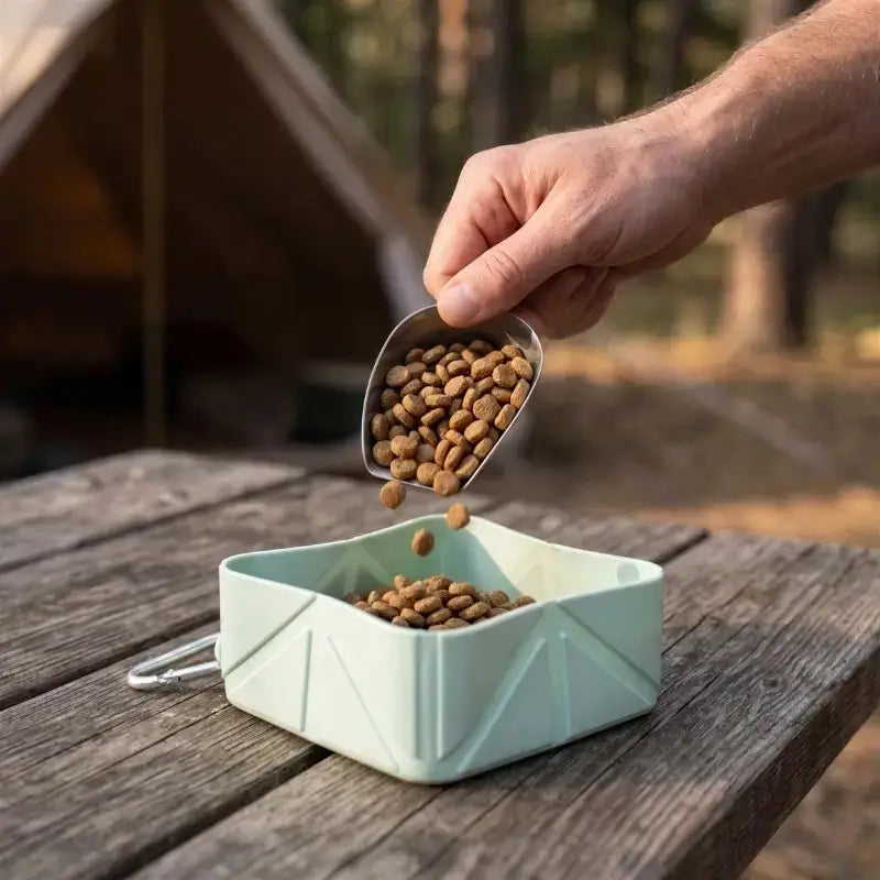 Un individu en camping verse de la nourriture dans la gamelle pour chien turquoise.