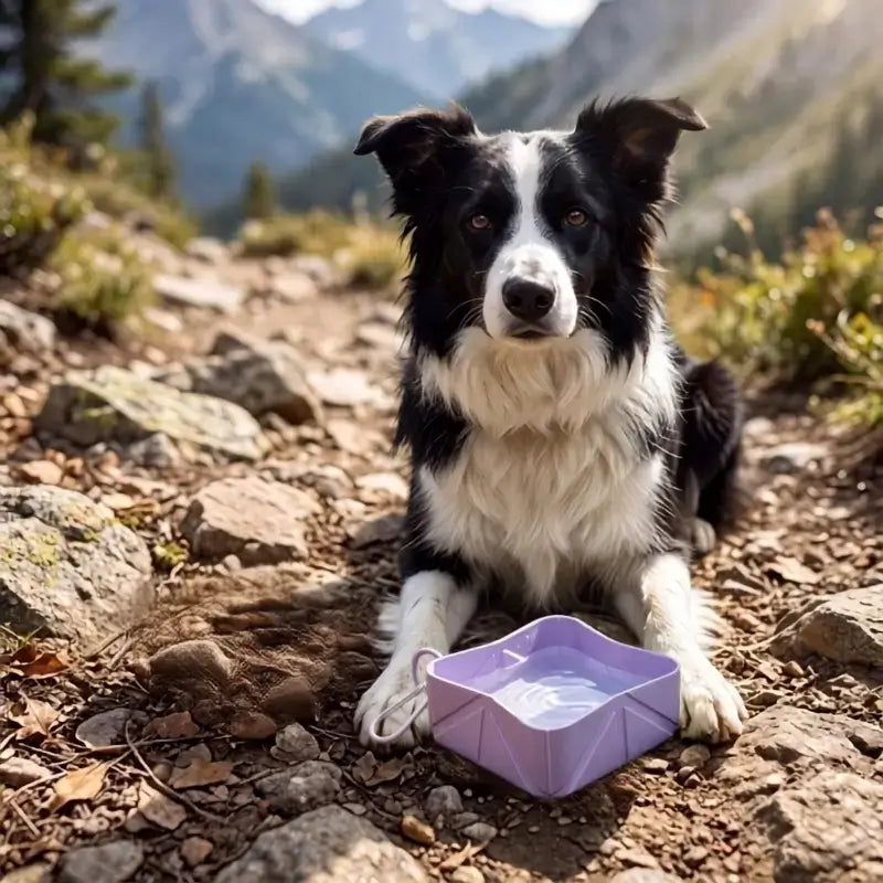 Un border collie en randonnée avec sa gamelle de chien pliable violette.