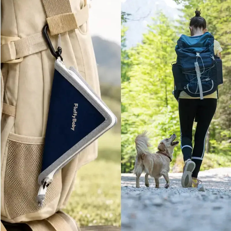 Une femme vue de dos en randonnée avec son chien avec une gamelle bleu accrochée à son sac à dos.