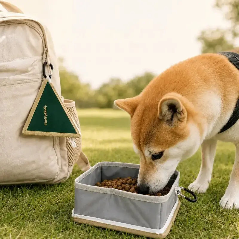 Un shiba inu mange dans la gamelle pour chien pliable verte.