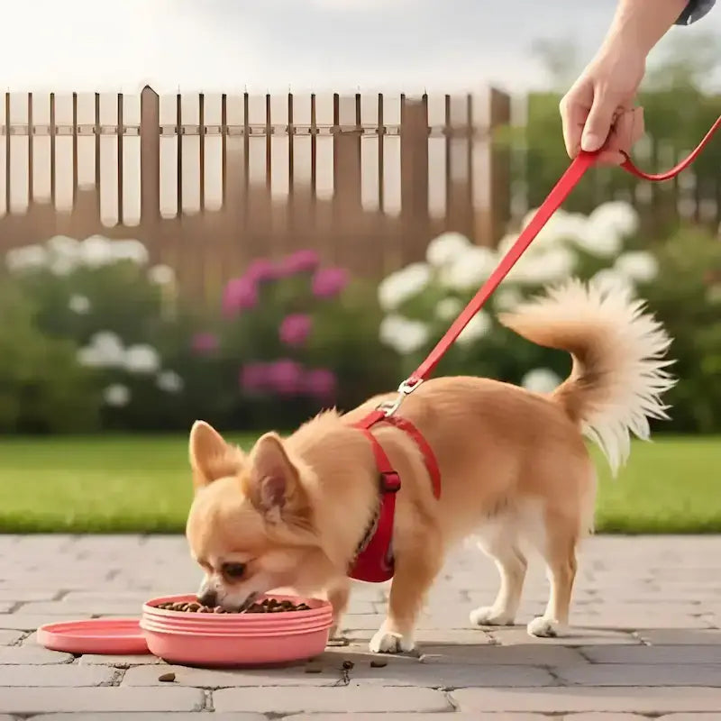 Un chihuahua mange dans sa gamelle de voyage pour chien de couleur saumon.