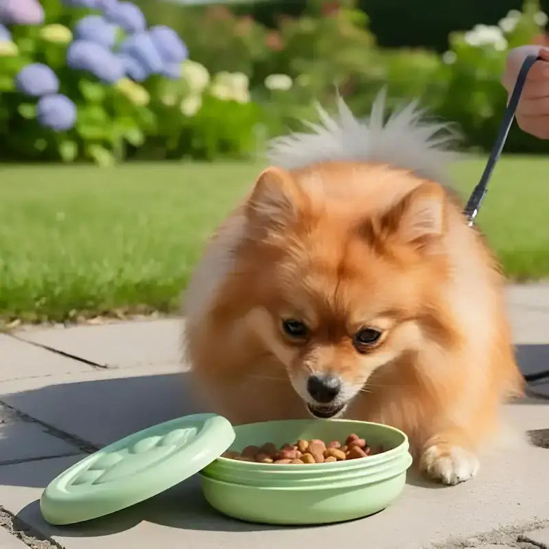 Un pomeranien mange dans son bol de voyage tuquoise.